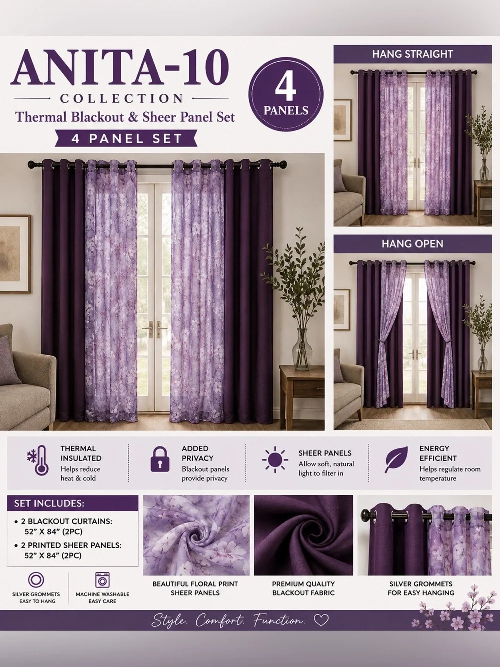 Purple Thermal Blackout & Sheer Curtain Set - 4 Panel